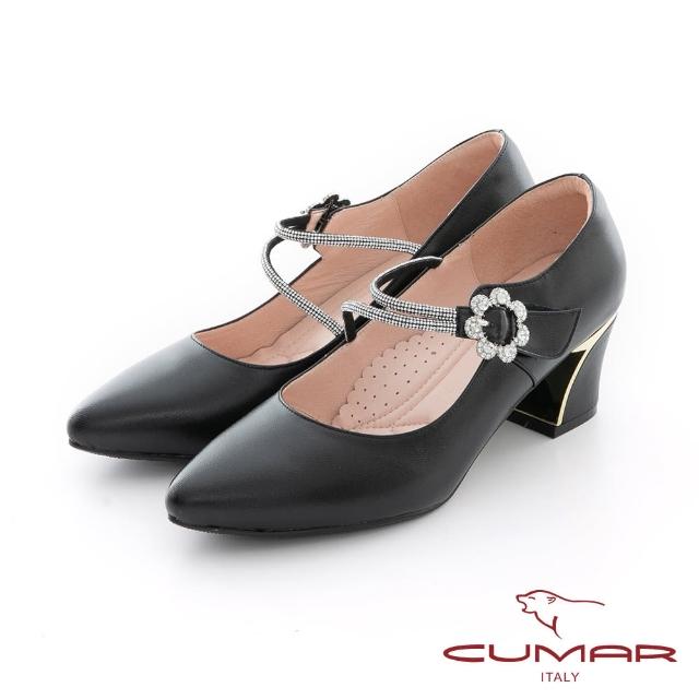 【CUMAR】尖頭腳背帶鑽飾條裝飾粗跟鞋(黑色)
