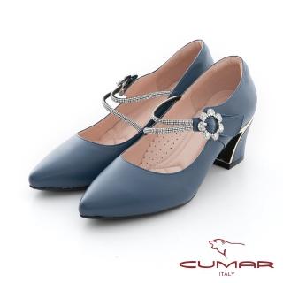 【CUMAR】尖頭腳背帶鑽飾條裝飾粗跟鞋(藍色)