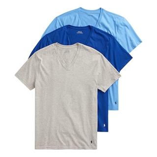 【RALPH LAUREN】2022男時尚棉質雙藍灰色V領短袖內衣混搭3件組-網