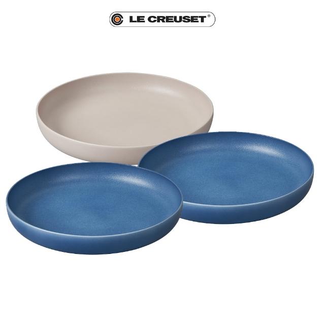 【Le Creuset】瓷器雅緻圓瓷盤21cm-3入(淺灰/深藍-無盒-無logo)