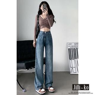 【JILLI-KO】水洗復古寬鬆高腰直筒拖地牛仔褲-M/L/XL(藍)