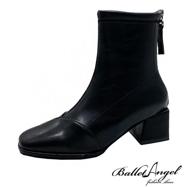 【BalletAngel】完美俐落線條方頭粗跟短靴(黑)