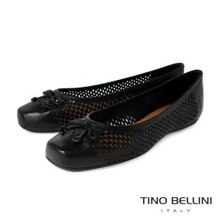 【TINO BELLINI 貝里尼】巴西進口蝴蝶結牛皮簍空方頭芭蕾舞平底鞋FWBT026(黑)