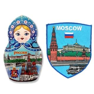 【A-ONE 匯旺】俄羅斯蘭套娃紅場3D立體冰箱貼+俄羅斯 莫斯科河刺繡布標2件組彩色磁鐵 冰箱磁(C1+308)