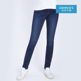 【Gennies 奇妮】彈力刷色牛仔褲-深藍(孕婦褲 窄管 後雙口袋 一體成型 無痕褲頭)