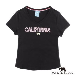 【California Republic】街頭感品牌條紋印花V領女純棉TEE