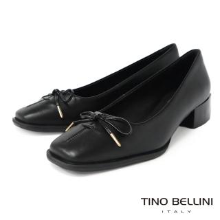 【TINO BELLINI 貝里尼】巴西進口復古方頭蝴蝶結牛皮粗跟鞋FWCV032(黑)