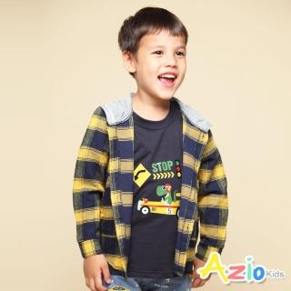 【Azio Kids 美國派】男童 外套 配色連帽格紋襯衫式棉質口袋外套(黃)