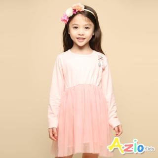 【Azio Kids 美國派】女童 洋裝 立體葉子小花吊飾網紗長袖洋裝(粉)