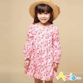 【Azio Kids 美國派】女童 洋裝 滿版玫瑰花草印花下擺接片波浪長袖洋裝(紅)