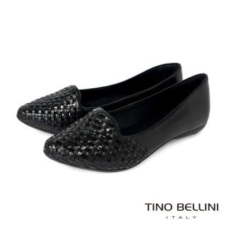 【TINO BELLINI 貝里尼】巴西進口牛皮編織拼接造型舒足平底鞋FWBV027(黑)