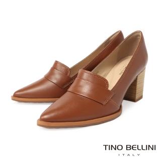 【TINO BELLINI 貝里尼】巴西進口優雅復刻牛皮尖楦樂福粗跟鞋FWDT014(棕)