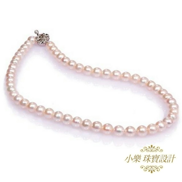 【小樂珠寶】6.5-7mm頂級日本AKOYA珍珠整串項鍊(白伴淡粉色好美-送日本珍珠耳環)