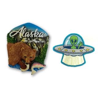 【A-ONE 匯旺】美國阿拉斯加野熊3D立體磁鐵+美國 綠色外星人外套刺繡2件組磁鐵冰箱貼 可愛磁(C122+223)