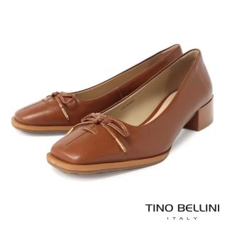 【TINO BELLINI 貝里尼】巴西進口復古方頭蝴蝶結牛皮粗跟鞋FWCV032(棕)