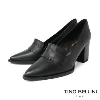 【TINO BELLINI 貝里尼】巴西進口優雅復刻牛皮尖楦樂福粗跟鞋FWDT014(黑)