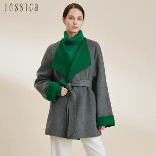【JESSICA】氣質寬鬆撞色雙面呢羊毛綁帶翻領中長大衣外套2245C2