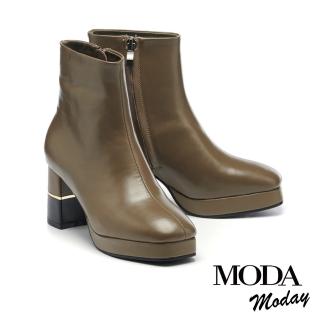 【MODA Moday】簡約率性全真皮方頭水台粗高跟短靴(綠)