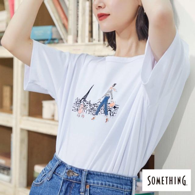 【SOMETHING】女裝 巴黎街景工藝短袖T恤(白色)