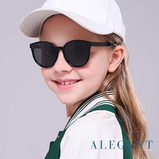【ALEGANT】兒童專用象牙黑中性輕量彈性太陽眼鏡(台灣品牌 時尚UV400貓眼圓框偏光墨鏡)