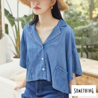 【SOMETHING】女裝 天絲寬鬆短版襯衫(酵洗藍)