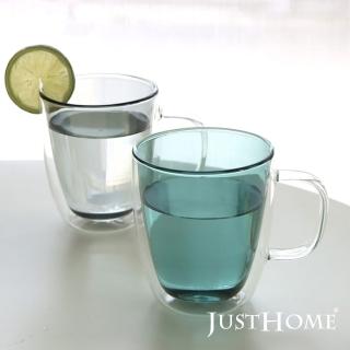 【Just Home】清透彩色雙層耐熱玻璃馬克杯380ml-灰色+綠色(2入組)