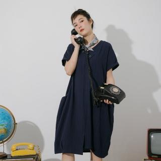 【MOSS CLUB】交叉假門襟-女長洋裝 素面 藍 白(二色/版型寬鬆)