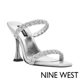 【NINE WEST】ZIPPY5水鑽方頭高跟涼鞋-銀色