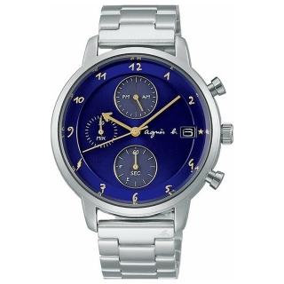【agnes b.】風個性鋼錶帶三眼太陽能男錶藍/銀40mm(BZ6007X1/VR43-KMJ0B)