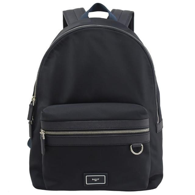 【BALLY】簡約品牌LOGO厚尼龍前口袋手提旅用包後背包(深藍 大款)