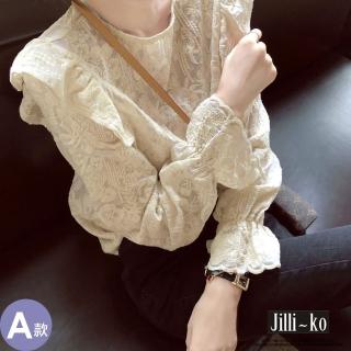 【JILLI-KO】秋季新款氣質甜美花邊木耳邊蕾絲上衣-F(多款任選)