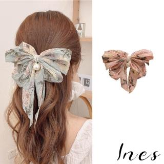 【INES】珍珠髮夾 蝴蝶結髮夾/浪漫印花皺褶珍珠大蝴蝶結造型髮夾(4色任選)