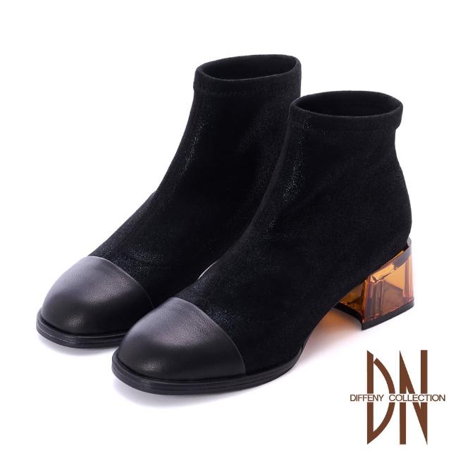 【DN】短靴_彈力布拼接牛皮襪套式透明跟 粗跟短靴(黑)