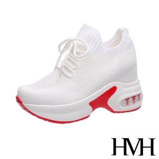 【HMH】舒適時尚縷空飛織網布綁帶造型氣墊厚底內增高休閒鞋(白)