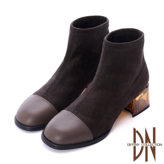 【DN】短靴_彈力布拼接牛皮襪套式透明跟 粗跟短靴(咖)