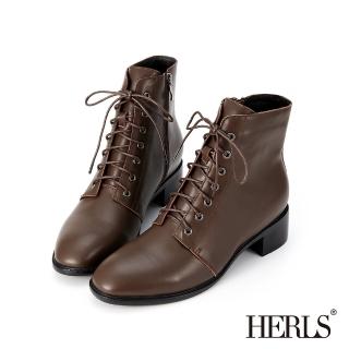 【HERLS】短靴-牛皮綁帶造型橢圓頭粗跟牛津靴短靴(深棕色)
