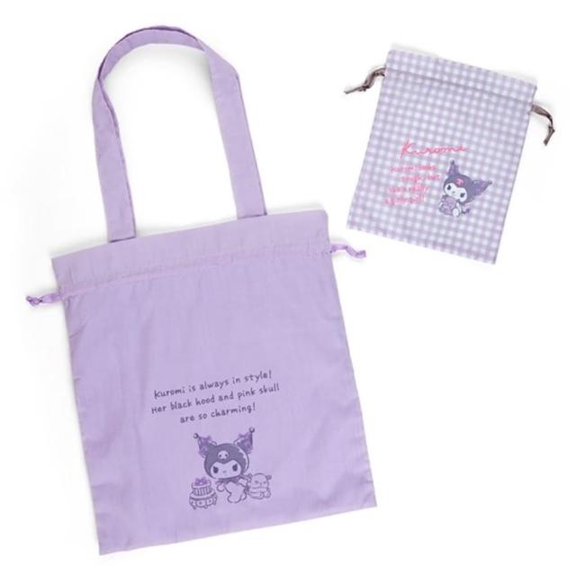 【小禮堂】酷洛米 棉質束口手提袋組 - 紫文字(平輸品)