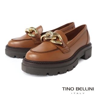【TINO BELLINI 貝里尼】義大利進口金屬環鍊牛皮厚底樂福鞋FYLV024(棕)