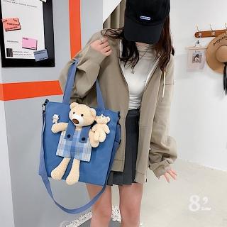 【89 zone】日系原宿個性小熊 購物袋 側肩包 單肩包 手提包 帆布包 托特包(深藍)