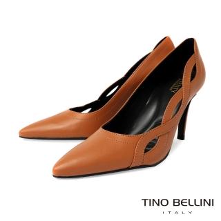 【TINO BELLINI 貝里尼】巴西進口優雅簍空雙曲線尖頭牛皮跟鞋FWEV010(棕)