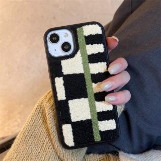 【LOYALTY】iPhone14Plus/14Pro/14ProMax毛絨刺繡格子拼接毛巾繡手機保護殼