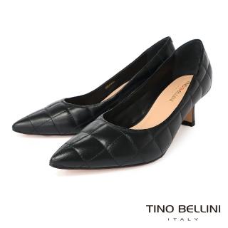 【TINO BELLINI 貝里尼】巴西進口牛皮方格衍縫尖頭跟鞋FWDT015(黑)