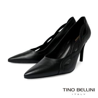 【TINO BELLINI 貝里尼】巴西進口優雅簍空雙曲線尖頭牛皮跟鞋FWEV010(黑)