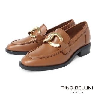 【TINO BELLINI 貝里尼】義大利進口金屬雙環鍊飾牛皮小低跟樂福鞋FYLV022(棕)