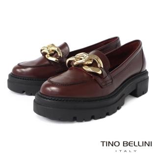 【TINO BELLINI 貝里尼】義大利進口金屬環鍊牛皮厚底樂福鞋FYLV024(酒紅)