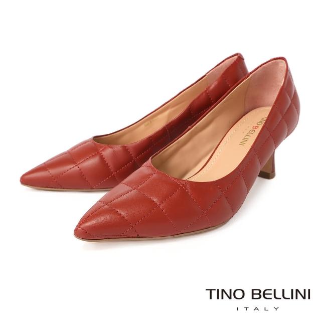【TINO BELLINI 貝里尼】巴西進口牛皮方格衍縫尖頭跟鞋FWDT015(橘棕)