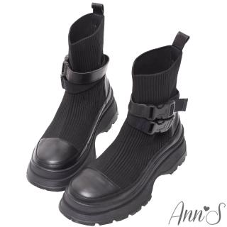 【Ann’S】運動風-雙扣帶真皮拼接彈力針織襪套短靴5cm(黑)