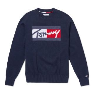 【Tommy Hilfiger】TOMMY 經典刺繡大Logo針織毛衣 上衣-藍色(平輸品/經典舒適)