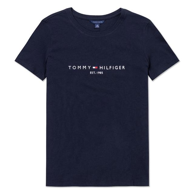 【Tommy Hilfiger】TOMMY 經典刺繡文字Logo圖案短袖T恤 上衣-女-深藍色(平輸品)