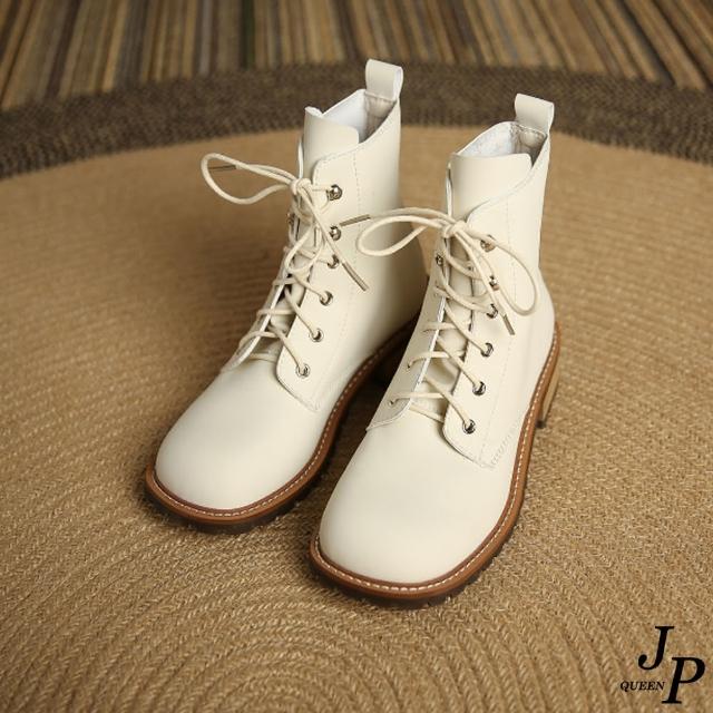 【JP Queen New York】時尚簡約圓頭綁帶木紋鞋底短靴(3色可選)